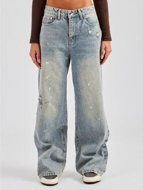 Distressed Paint Splatter Baggy Jeans — Antique Wash — Cernucci